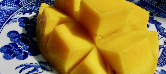 healthy recipes by Gill Stannard Naturopath picture of mango halve on a blue plate