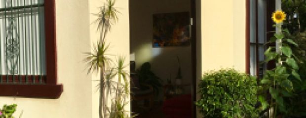 Probert St Clinic, in sunshine with many potted plants surrounding clinic with door open