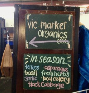 vic market organics sign , lettuce asparagus herbs garlic