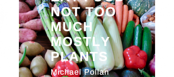 pollan quote eat food not too much mostly plants on backgroun of vegetables fruit
