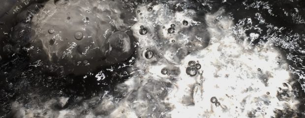 black and while egg in boiling water in a stainless steel pot