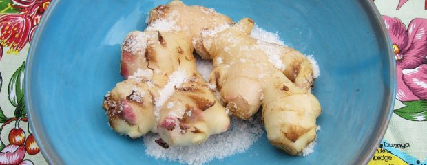 large knob of ginger covered with salt in a blue bowl with on a multicoloured tea towel