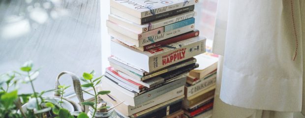 pyramid of books on white window sill in front of window with pot plants
