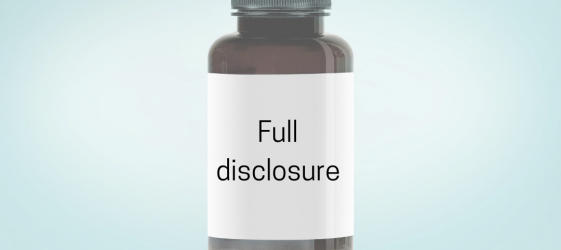 brown medicine bottle with full disclosure typed on a white label heading mentoring update subheading the problem we didn't know we had on light blue background