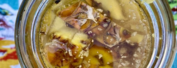 aerial view glass jar of pineapple skins covered in liquid of an vintage tea towel map of new zealand