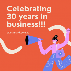 text reads celebrating 30 years in business!!! on orange background with graphic of woman wearing pink top and blue trousers holding a megaphone