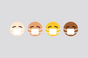 drawing of 4 emoji-style faces in a row causcasian, light brown, yellow dark brown all wearing masks to stay safe 2022