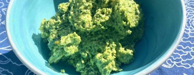 green pesto in teal green bowl on a blue and white patterned cloth